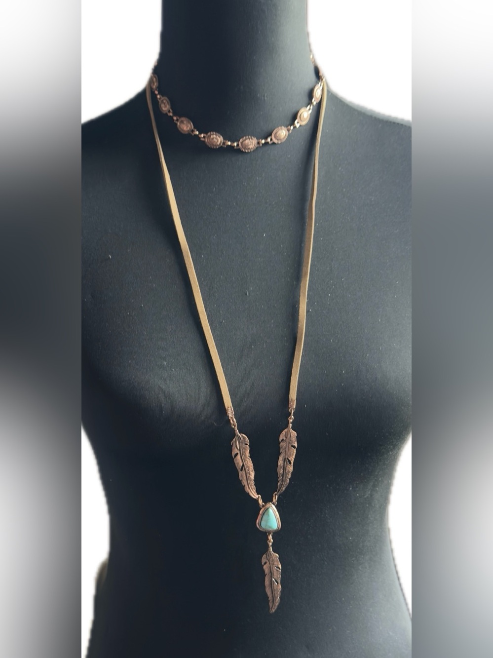 18” Shyanne Gold-Tone Layered Feather Necklace & Rings with Turquoise Teardrop